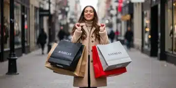 Mujer feliz con bolsas de compra en ventas flash de enero 2025
