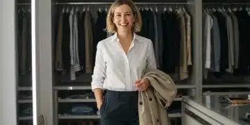 Mujer elegante y sonriente en un vestidor moderno, luciendo una camisa blanca, pantalón oscuro y gabardina, simbolizando la inversión inteligente en moda.