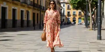 Mujer elegante con vestido primaveral vibrante, combinando bohemio y minimalismo en una calle soleada española.