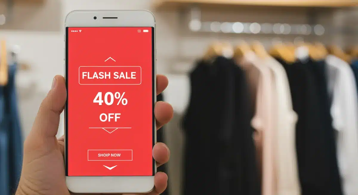 Notificación de venta flash en smartphone con fondo de ropa