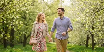 Pareja elegante disfrutando de un parque en primavera con ropa y accesorios de nuevas colecciones.