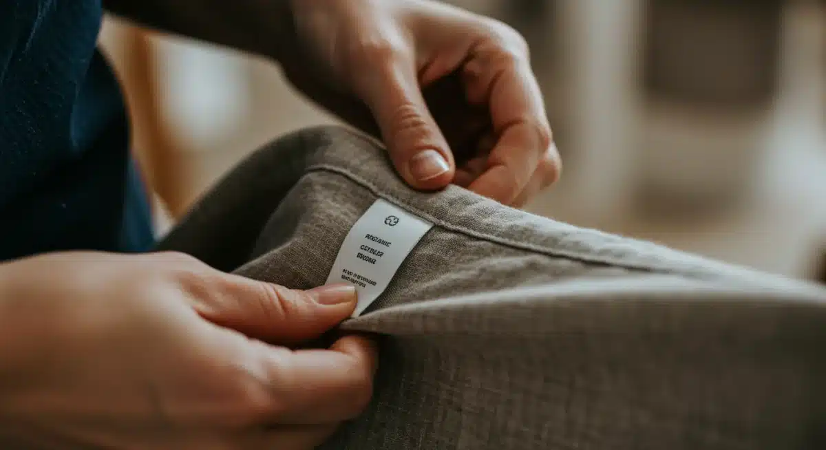 Manos examinando la textura de un tejido sostenible de una prenda de moda masculina.