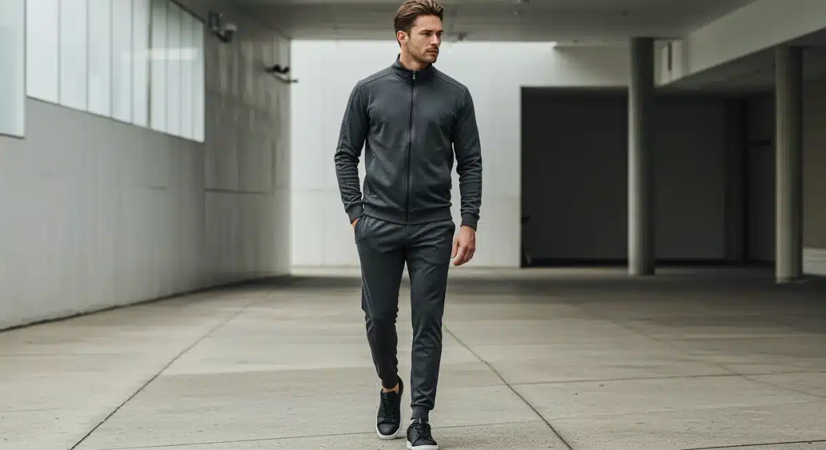 Hombre luciendo un conjunto athleisure elevado con chaqueta deportiva de tejidos técnicos y joggers a medida, en un gimnasio moderno o parque urbano.