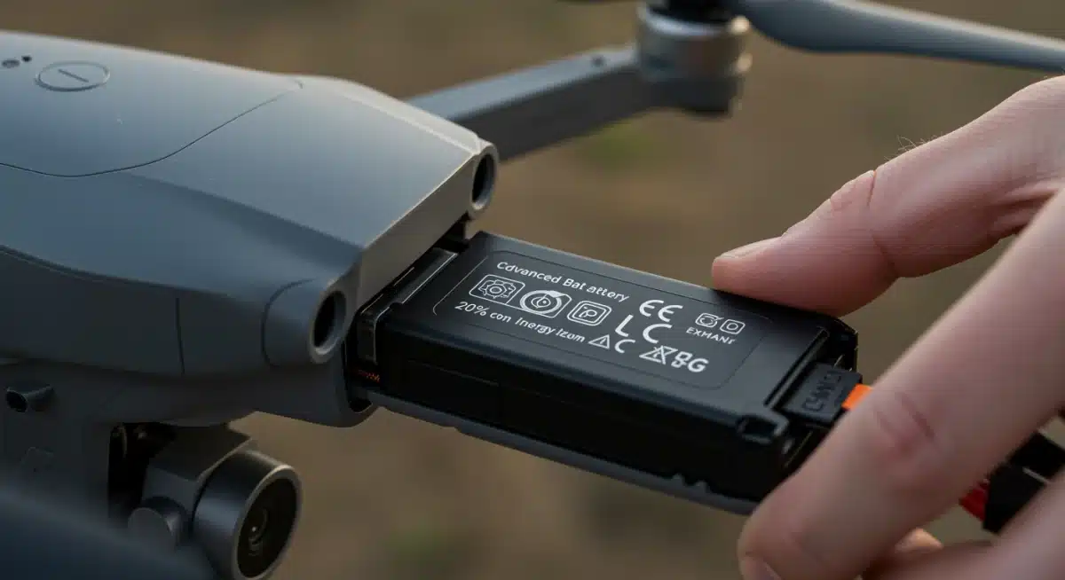 Batería de dron avanzada, mostrando su diseño compacto y mayor densidad energética, con especificaciones técnicas.