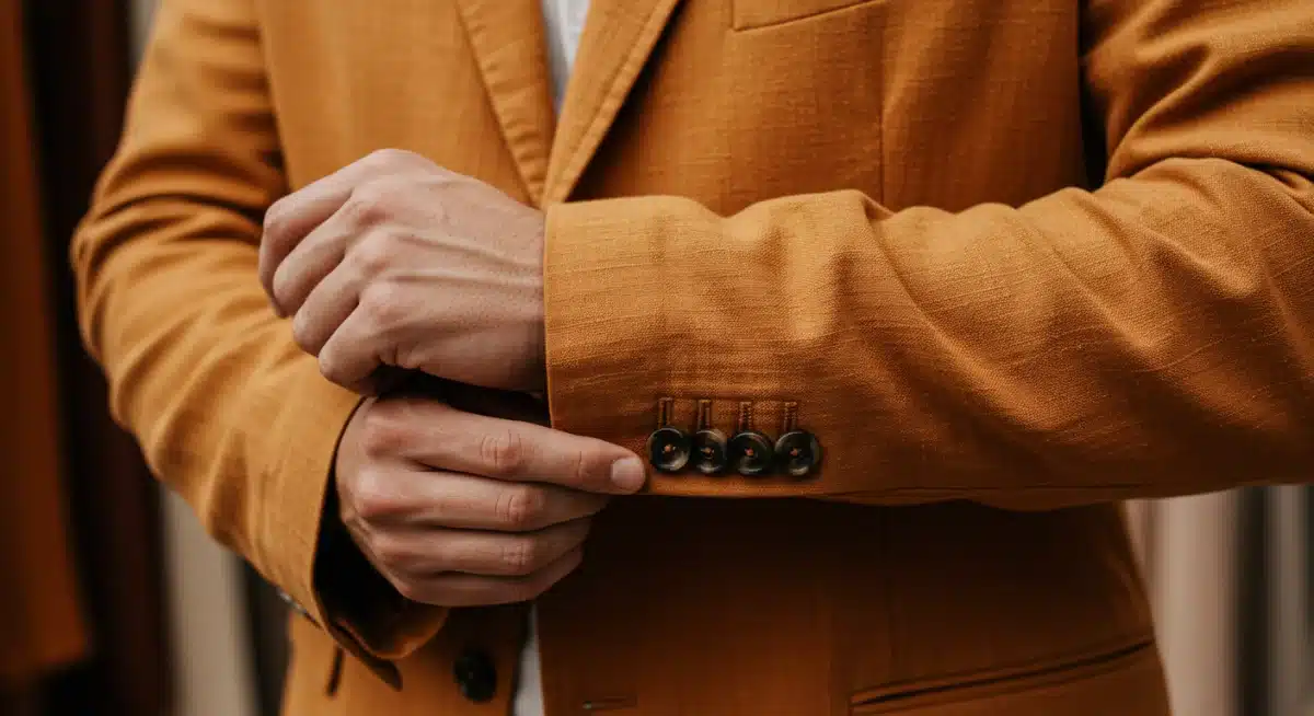 Detalle de una mano ajustando el puño de un blazer relajado en tejido sostenible color terracota.