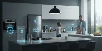 Cocina futurista con electrodomésticos inteligentes brillando, mostrando conectividad y eficiencia energética en 2025.