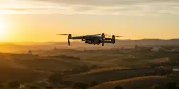 Dron de consumo con diseño moderno volando sobre paisaje español al atardecer, con cámara de alta resolución.