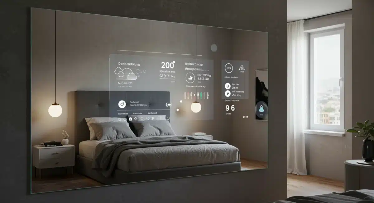Espejo inteligente con realidad aumentada mostrando sugerencias de ropa en un dormitorio moderno