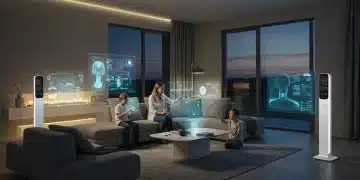 Familia interactuando con proyecciones holográficas en un salón futurista español