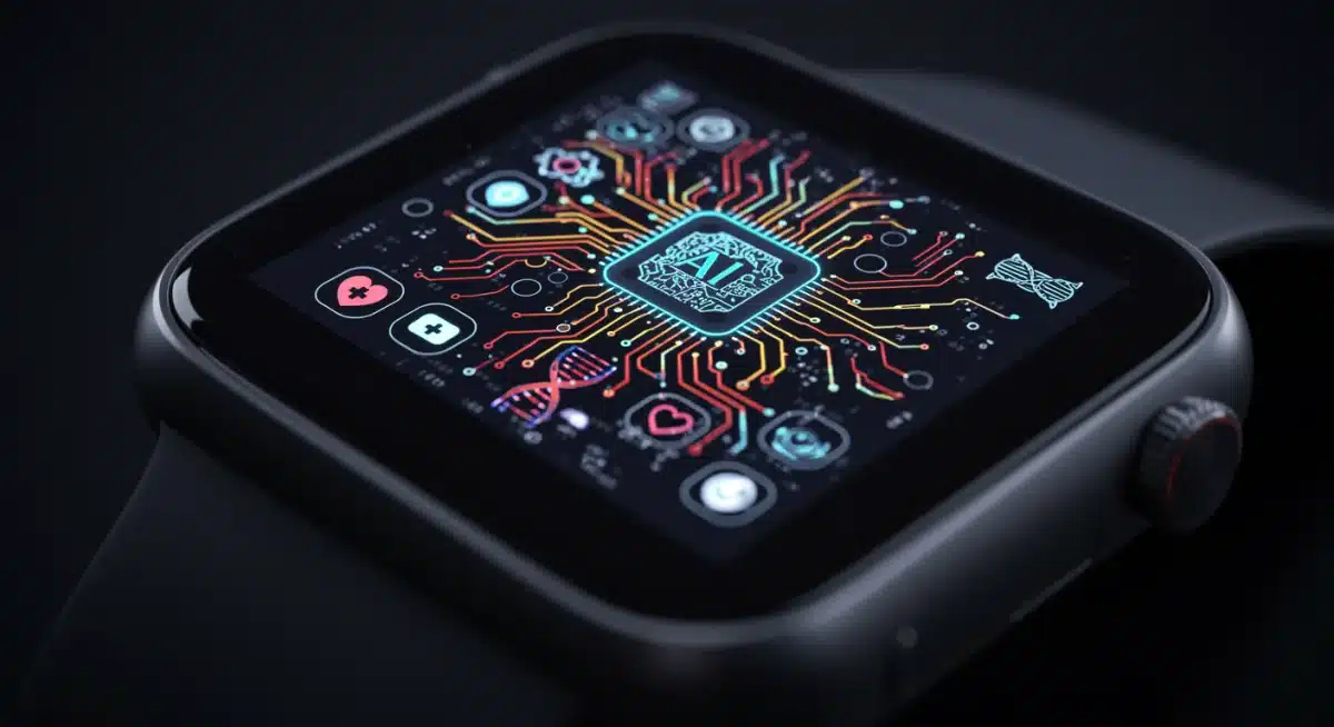 Representación visual de la IA procesando datos de salud en un smartwatch.