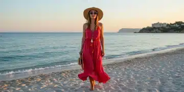Mujer elegante en playa española al atardecer con vestido maxi y sombrero, simbolizando vacaciones de moda.