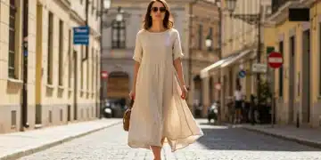 Mujer paseando con vestido ligero de lino, símbolo de confort y estilo en verano 2025.