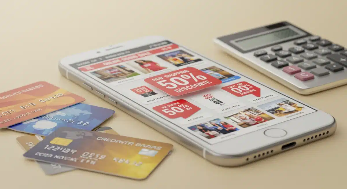 Pantalla de móvil con ofertas online y descuentos del 50%