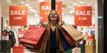 Persona sonriente con bolsas de compra en rebajas post-Navidad