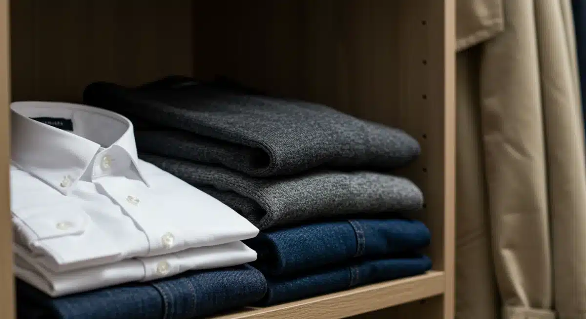 Detalle de prendas básicas de un armario cápsula: camisa blanca, jersey gris, vaqueros oscuros y gabardina beige.