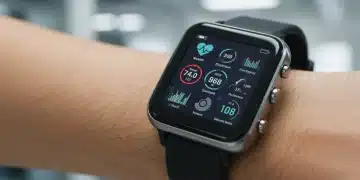 Smartwatch futurista con IA mostrando datos avanzados de salud en su pantalla.