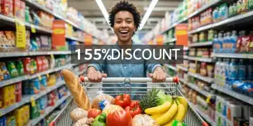 Persona feliz empujando un carro de supermercado lleno, con un 15% de descuento.