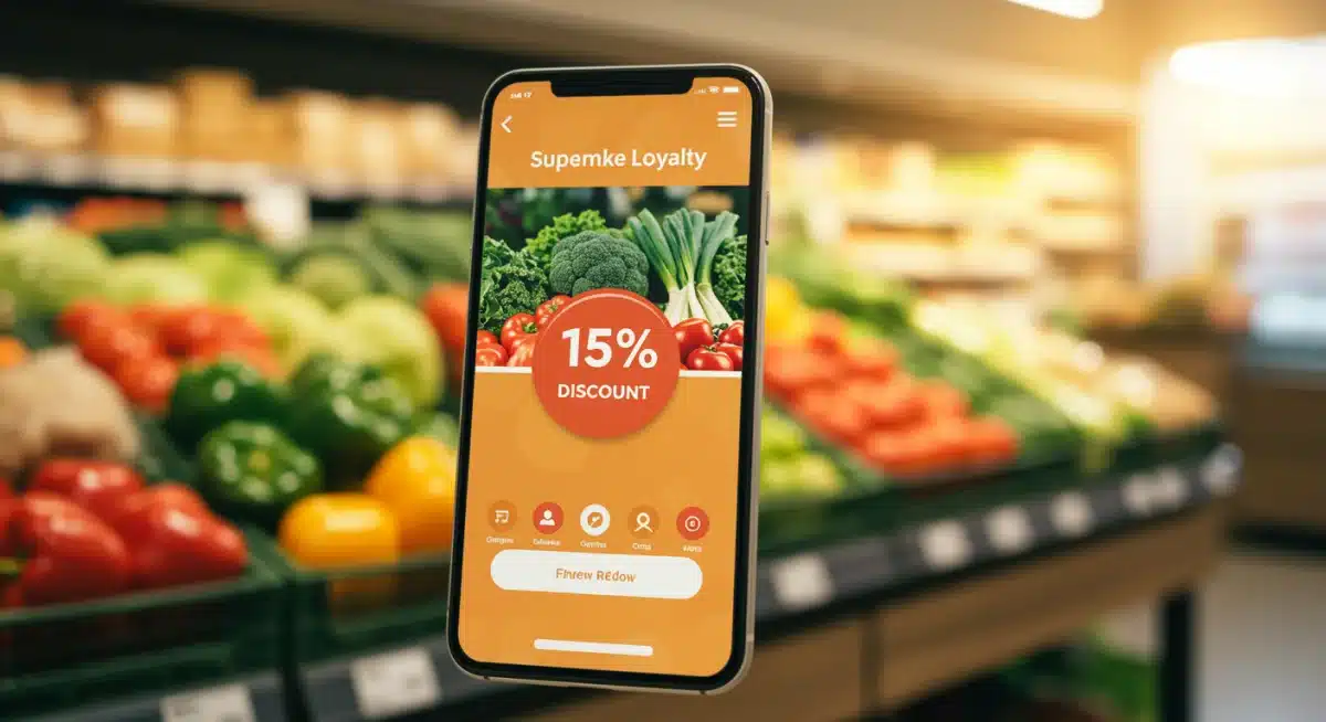 Pantalla de smartphone mostrando una oferta de 15% de descuento en una app de supermercado.
