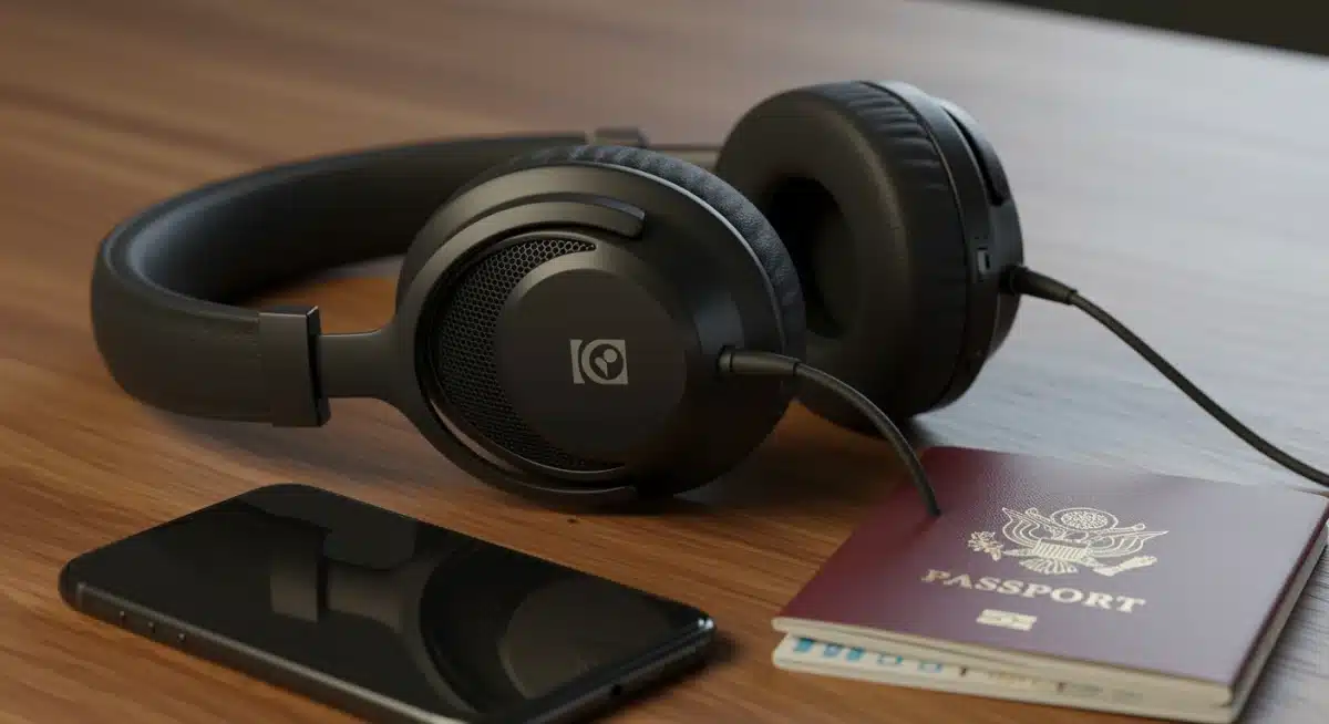 Auriculares de alta gama con cancelación de ruido sobre una mesa, listos para viajar.