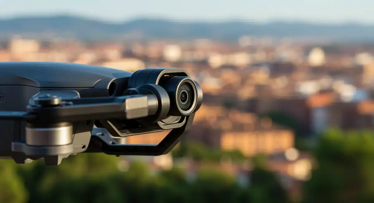 Detalle de la cámara 4K de un drone compacto, mostrando su gimbal estabilizador.