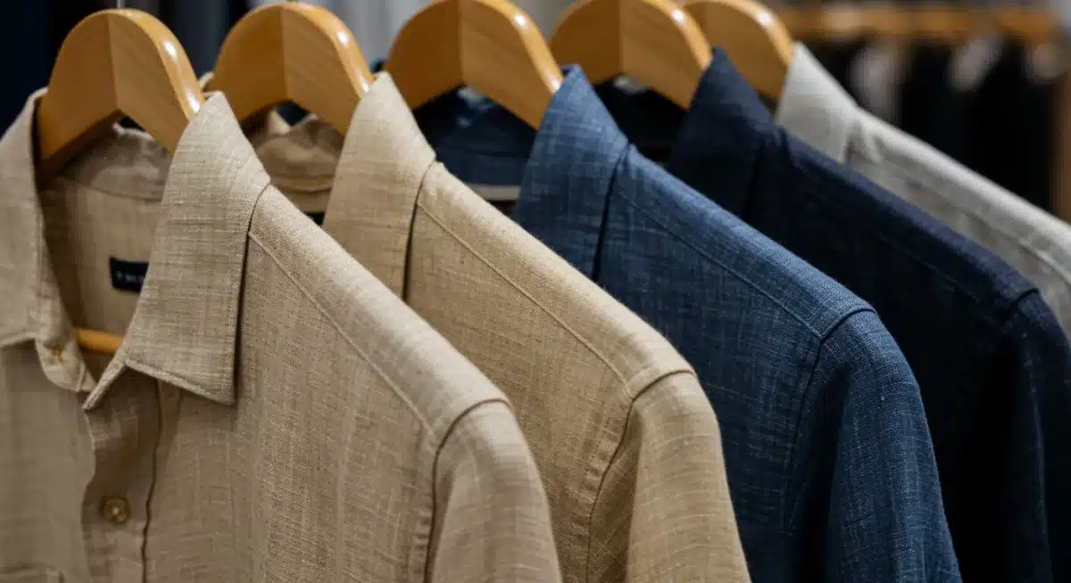 Camisas de verano masculinas de lino, algodón orgánico y tencel colgadas en perchas.