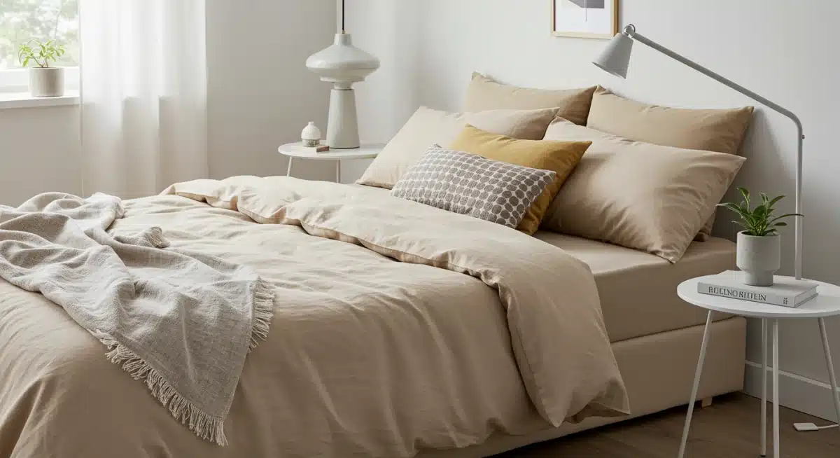 Dormitorio moderno con ropa de cama de alta calidad y accesorios decorativos.