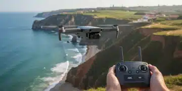 Drone compacto volando sobre un paisaje costero español, capturando imágenes 4K.