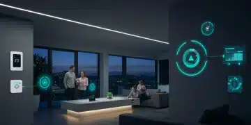 Interior de un hogar inteligente moderno en 2026 con dispositivos de eficiencia energética integrados, luces adaptativas y diseño futurista.