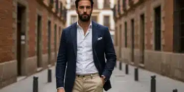 Hombre elegante con blazer azul marino y chinos, reflejando moda masculina atemporal.
