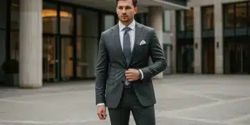 Hombre elegante luciendo un traje moderno y bien cortado en un entorno urbano chic.
