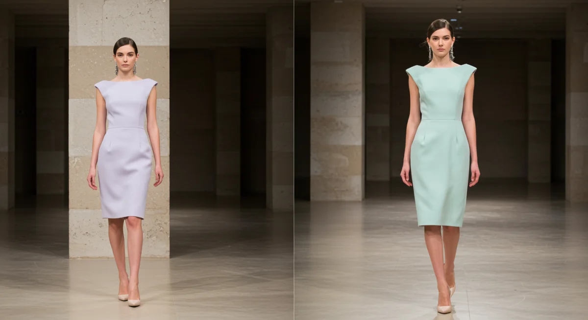 Modelo con vestido estructurado minimalista, reflejando una tendencia clave en la moda femenina para eventos en España 2026.