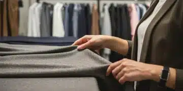 Mujer examinando un tejido de alta calidad en una tienda de moda, comprobando su textura y durabilidad.