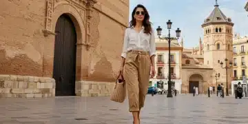 Mujer elegante vistiendo moda española contemporánea en una calle urbana