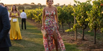 Mujer con vestido fluido maximalista en una boda española al atardecer, representando la moda femenina para eventos de verano 2026.