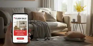 Salón acogedor con decoración elegante y un aviso de oferta flash en un móvil.