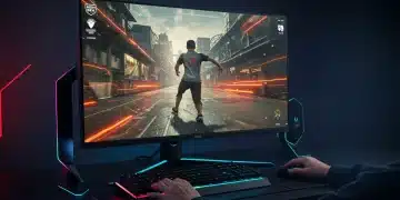 Configuración de juego futurista con monitor de alta refresco mostrando un juego eSports intenso y fluido.