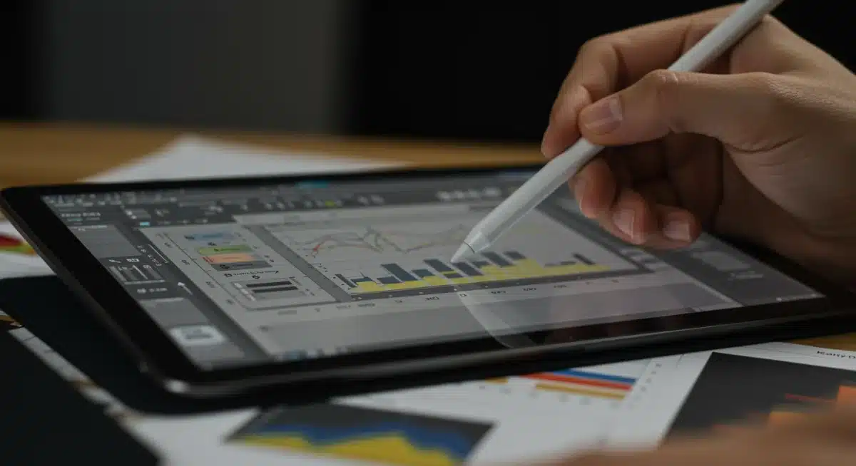 Pantalla de tablet mostrando un diseño gráfico complejo, con lápiz óptico, ilustrando su capacidad para tareas creativas y profesionales.