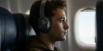 Viajero español usando auriculares con cancelación de ruido activa en un avión, disfrutando de un viaje tranquilo.