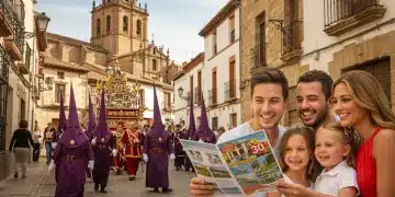 Familia planeando viaje a un pueblo español durante Semana Santa con ofertas y descuentos