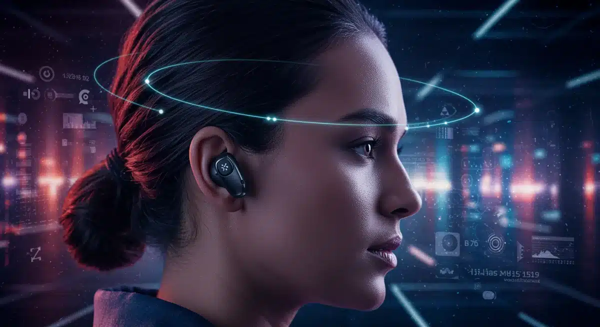 Persona disfrutando de audio espacial inmersivo con auriculares inalámbricos avanzados en un entorno digital.