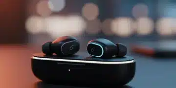 Auriculares inalámbricos futuristas sobre estuche de carga, simbolizando la innovación tecnológica para 2026.