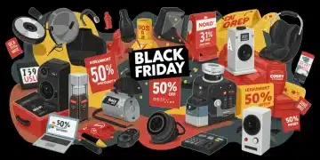 Productos variados con etiquetas de descuento del 50% para el Black Friday 2026.