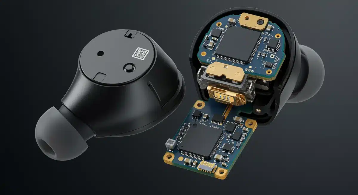 Componentes internos detallados de un auricular inalámbrico, mostrando sensores de salud e integración de IA.
