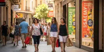 Gente paseando y comprando en una calle comercial de España durante las rebajas de verano de 2026, con carteles de descuento visibles.