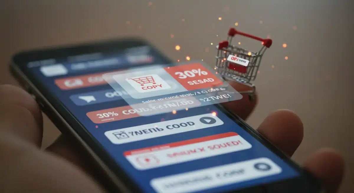 Pantalla de smartphone mostrando códigos de cupones y carrito de compra con descuento