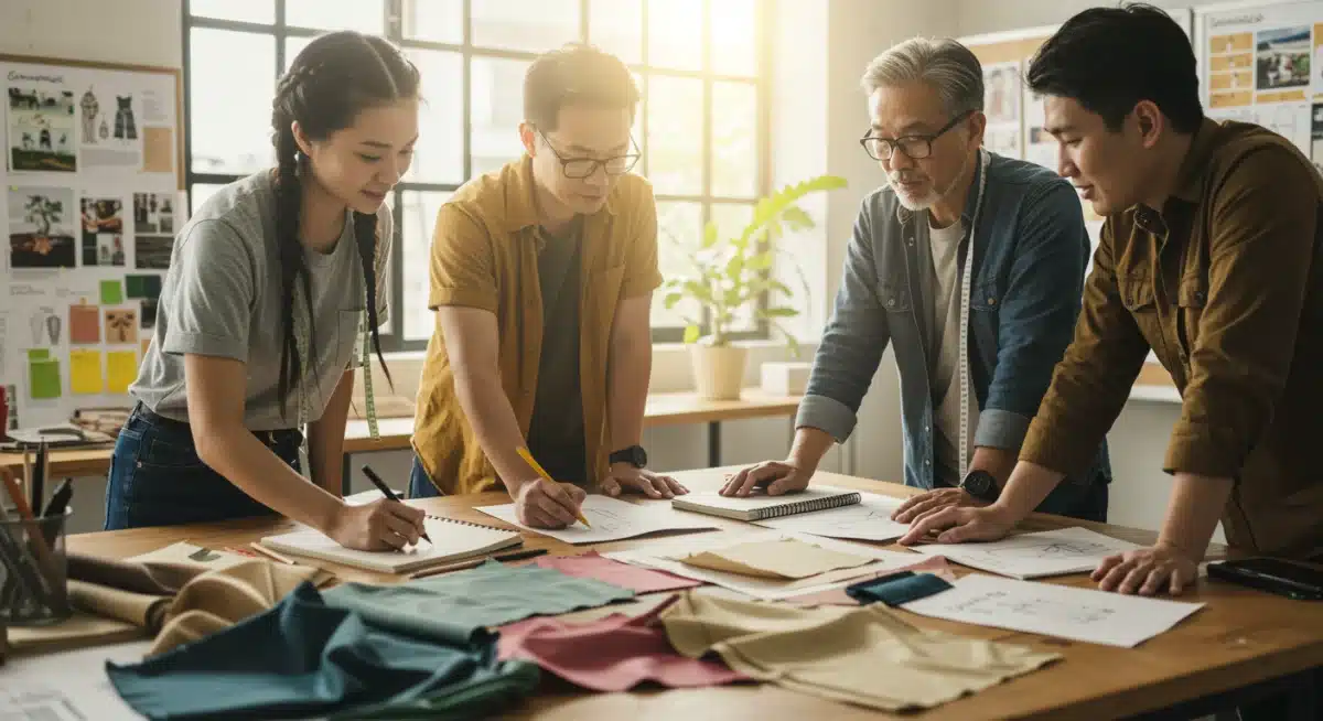 Diseñadores trabajando en un taller con muestras de tejido de bambú, simbolizando la innovación en moda sostenible.