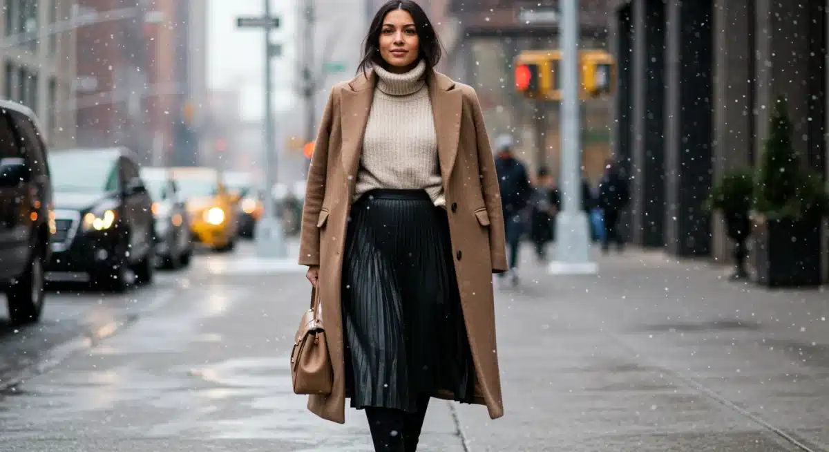 Mujer con falda midi y abrigo, look de invierno elegante
