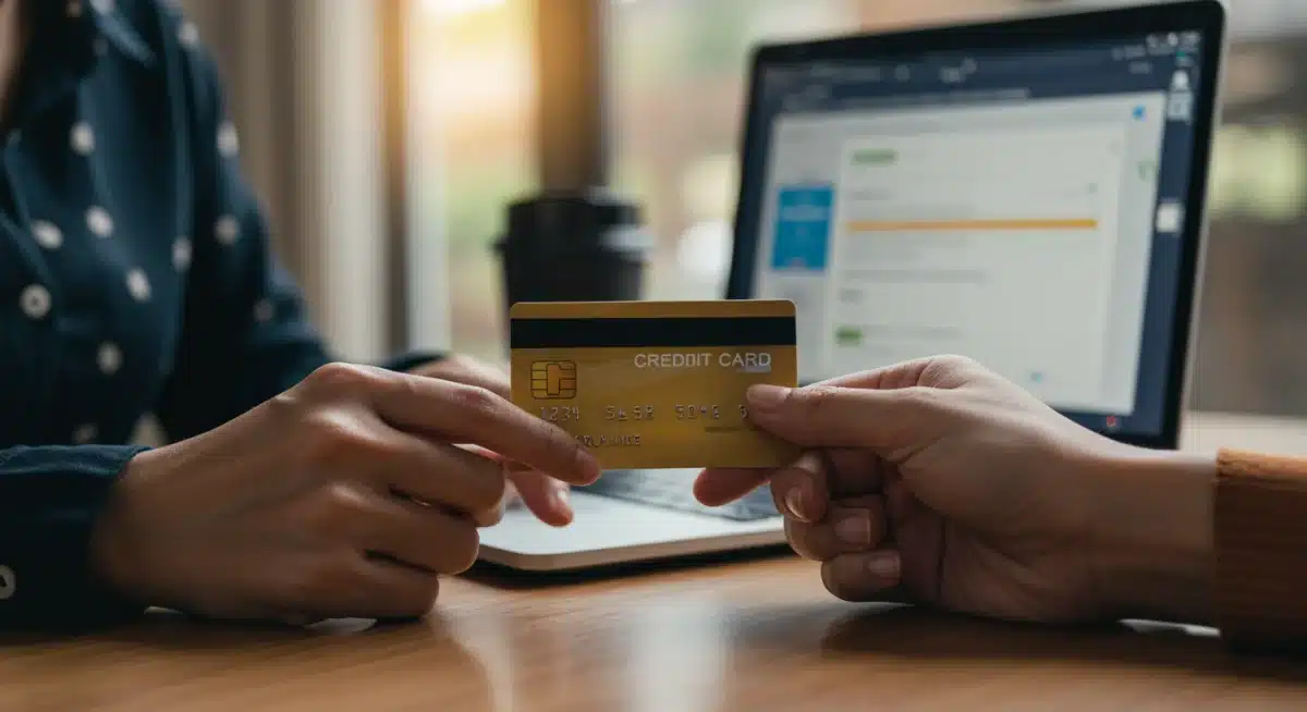 Mano con tarjeta de crédito finalizando compra online con descuento