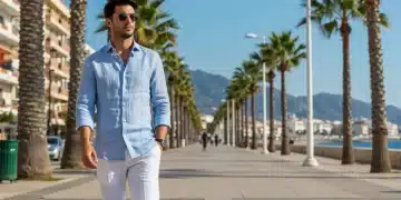 Hombre elegante con camisa de lino azul claro y pantalón blanco en un paseo marítimo de España, verano 2026.