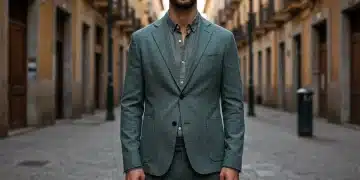Hombre elegante vistiendo traje de tejido sostenible en un entorno urbano español, reflejando moda consciente y moderna.